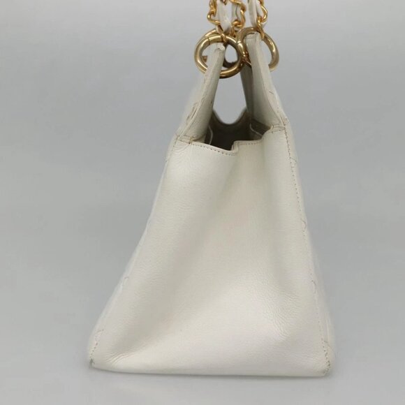 CHANEL COCO Mark Chain Hand Bag Grained Calf Skin White Gold CC Auth gh687 - Picture 6 of 16